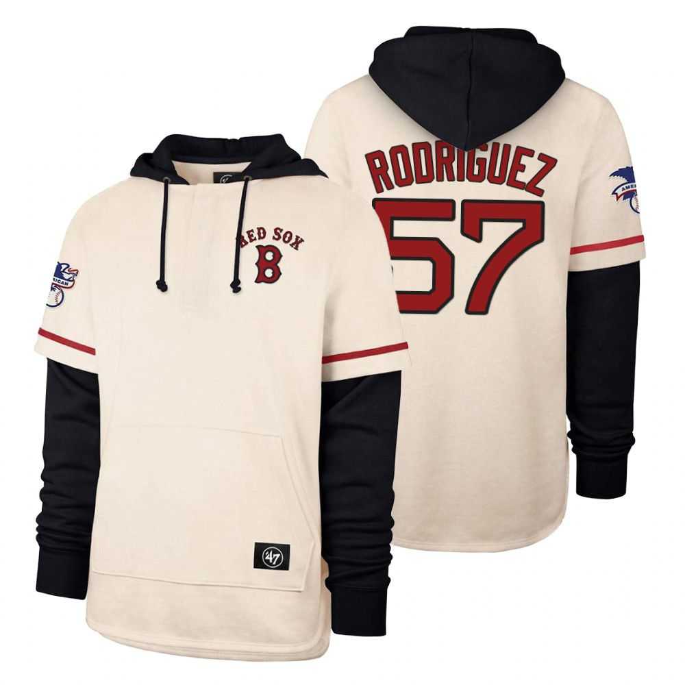 Men Boston Red Sox 57 Rodriguez Cream 2021 Pullover Hoodie MLB Jersey